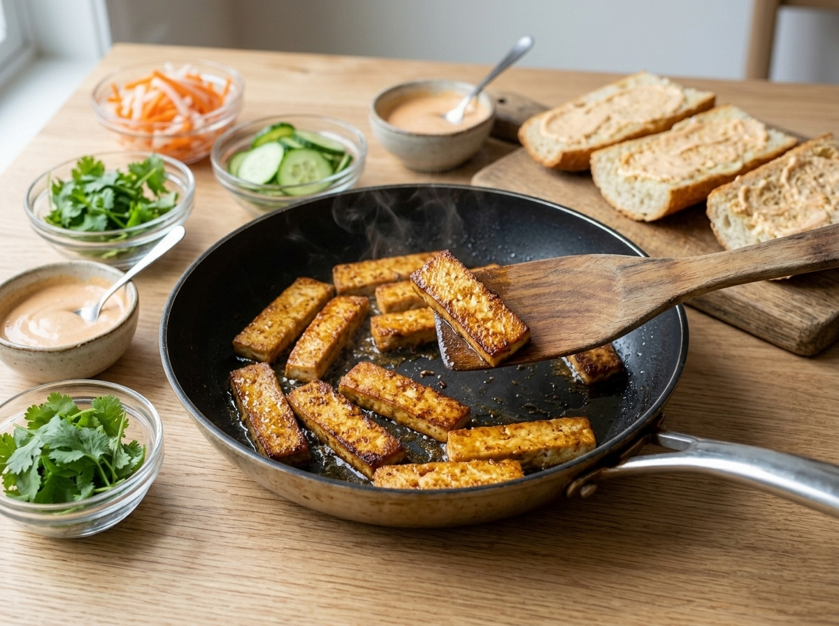 Marinated tofu strips frying golden brown in a nonstick skillet for vegan banh mi filling