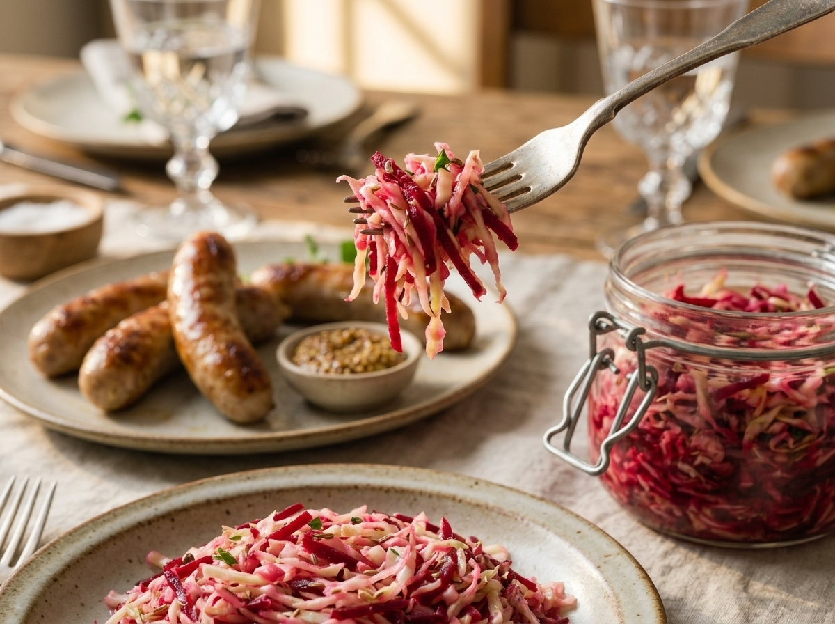 A jar of fermented beet and cabbage slaw next to a plate of grilled sausage on a wooden table.