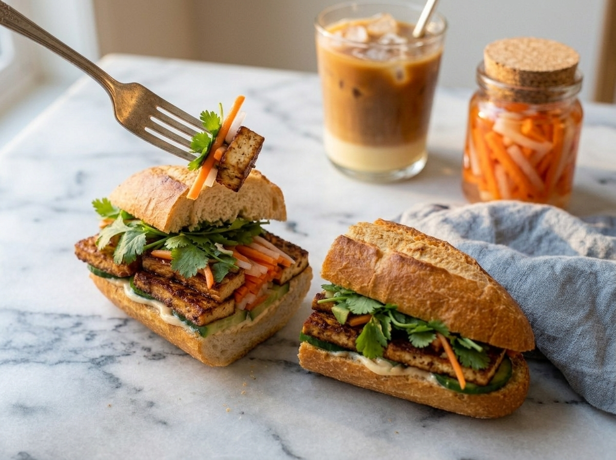 Two vegan banh mi sandwiches served on a marble table with iced coffee and a jar of pickled vegetables