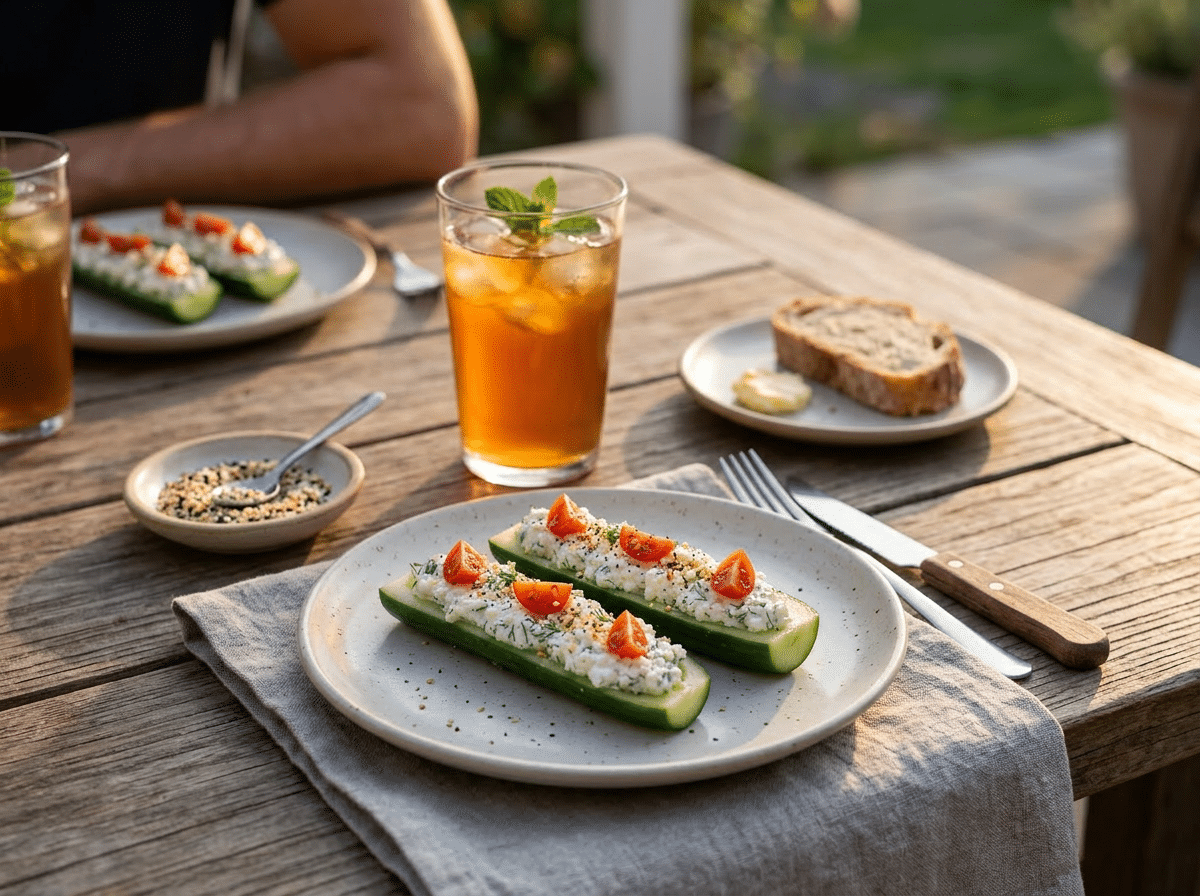 Platter of cottage cheese cucumber boats served outdoors with iced tea on a linen napkin