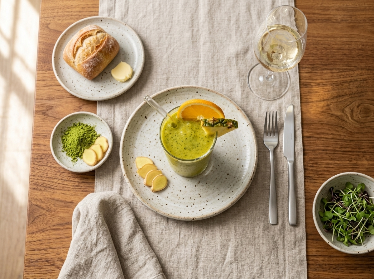 Tall glass of moringa citrus smoothie with straw and orange garnish on wooden table in morning light