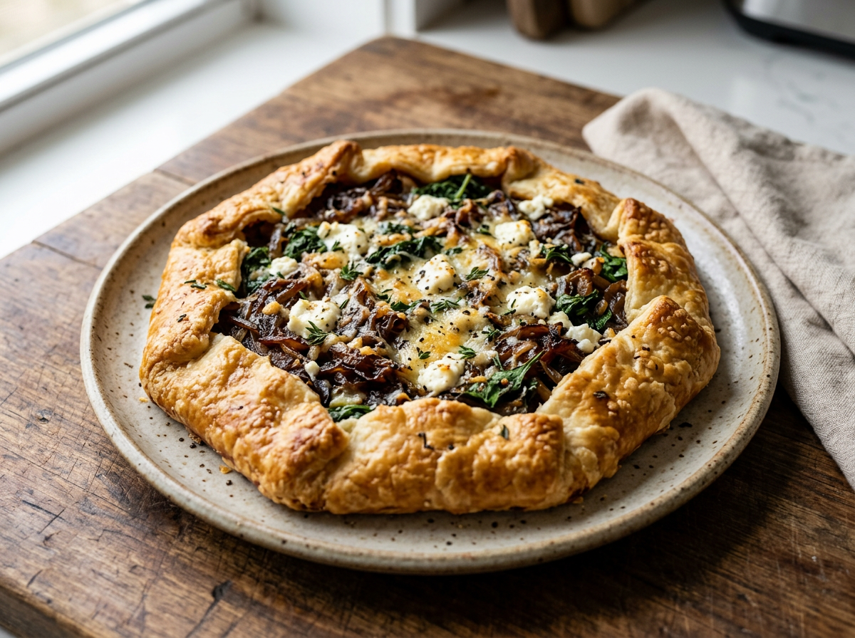Whole caramelized onion and spinach galette with golden folded crust and melted cheese on a wooden board