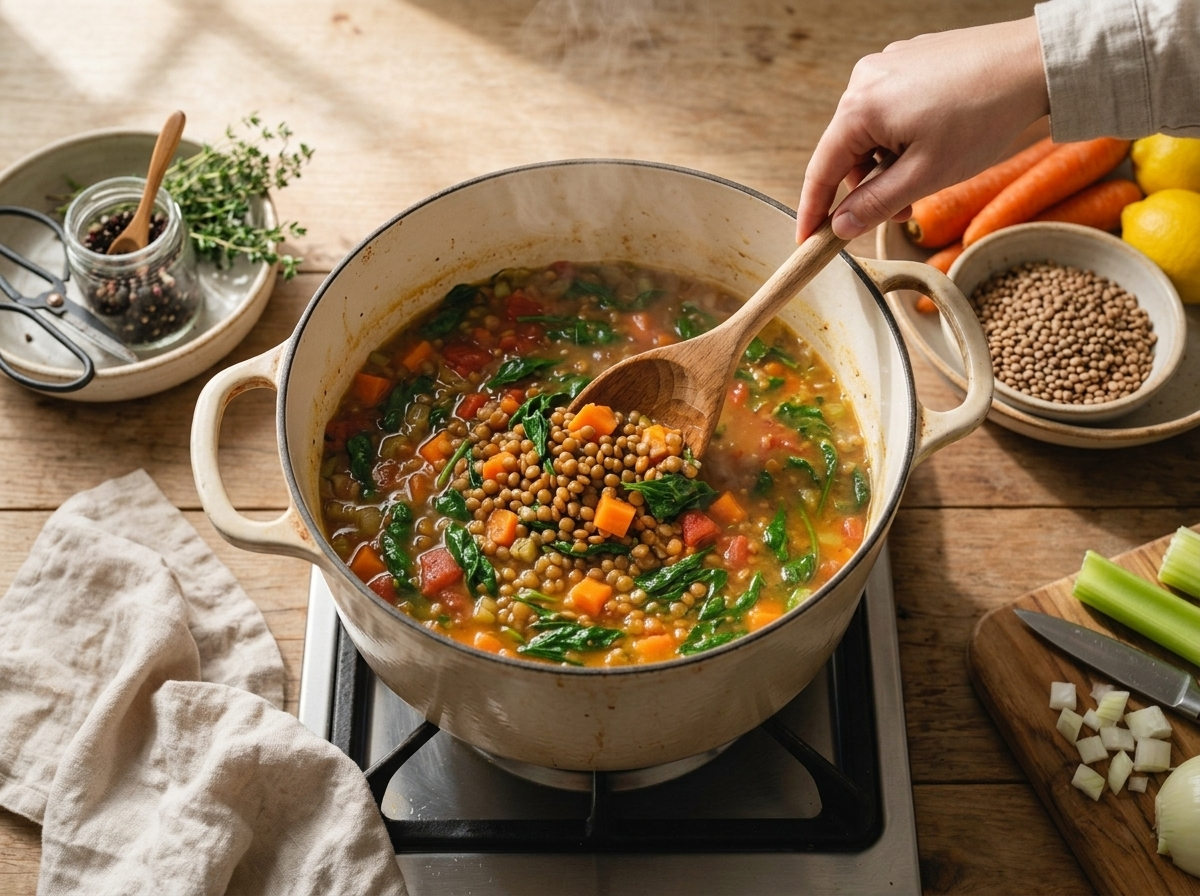 Wooden spoon stirring brown lentils and wilting spinach into simmering orange-hued broth in a dutch oven
