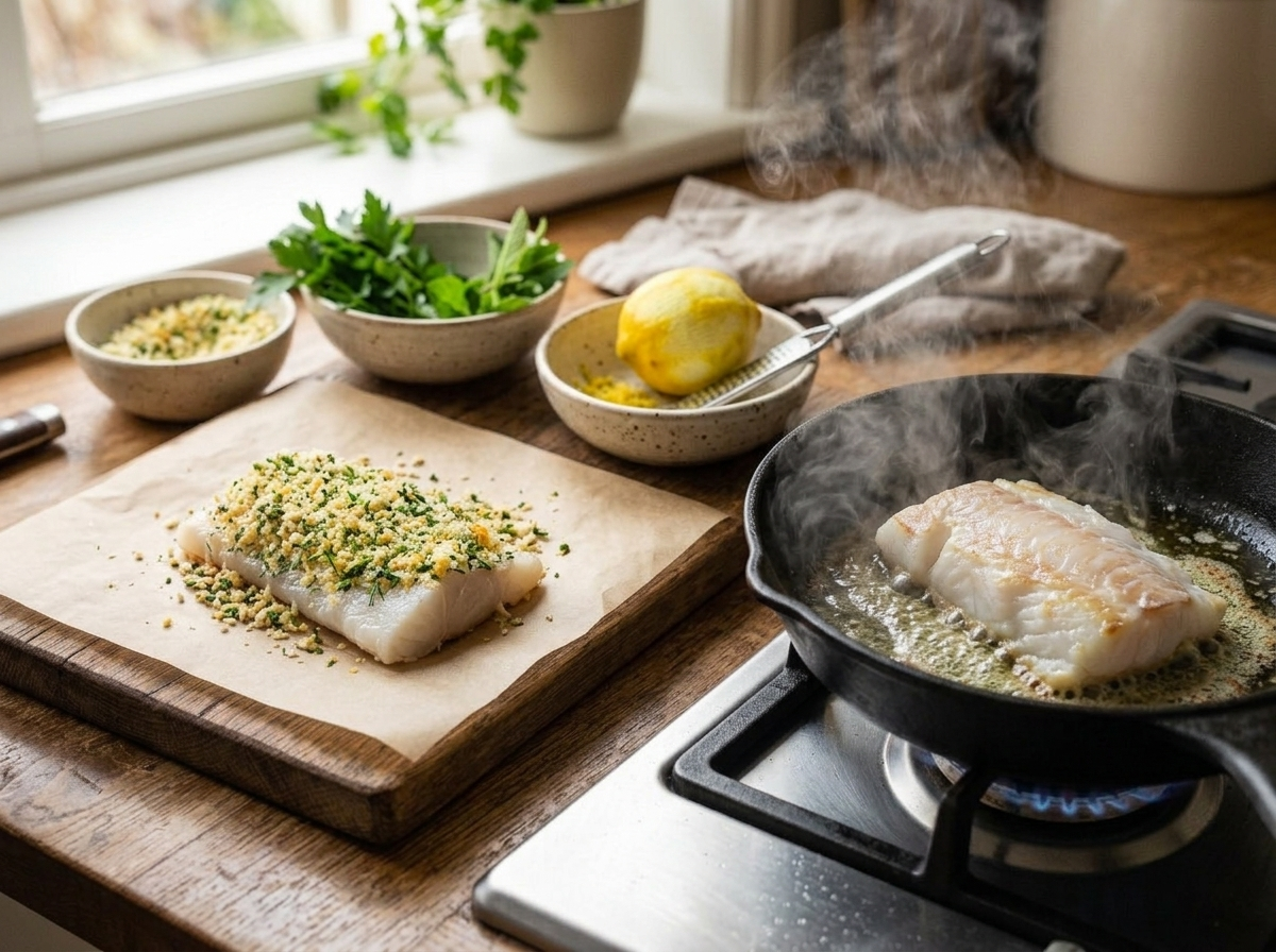 Hands pressing herb panko crust onto raw cod fillet on a parchment-lined sheet pan before baking