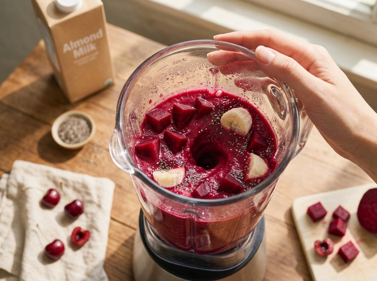 Blender jar mid-blend with tart cherry juice, chopped beetroot, and frozen banana swirling into a deep red smoothie.