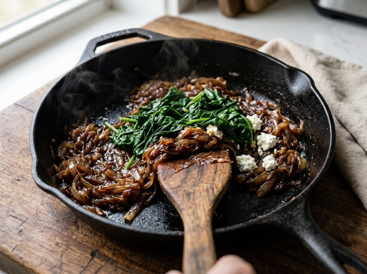 Onions caramelizing in a cast iron skillet with a wooden spoon, turning deep golden before spinach is added