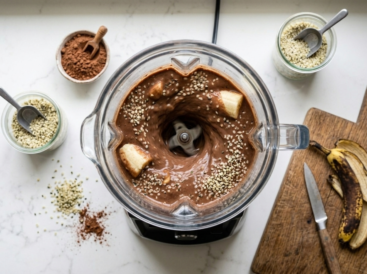 Chocolate banana smoothie blending in a glass blender jar with visible hemp seeds swirling through the mixture