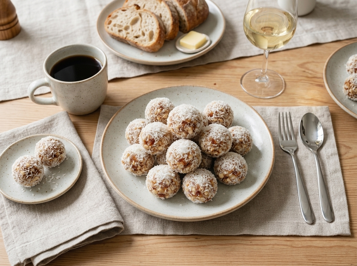 Small plate of coconut cashew bites next to a cup of coffee on a linen napkin in morning light