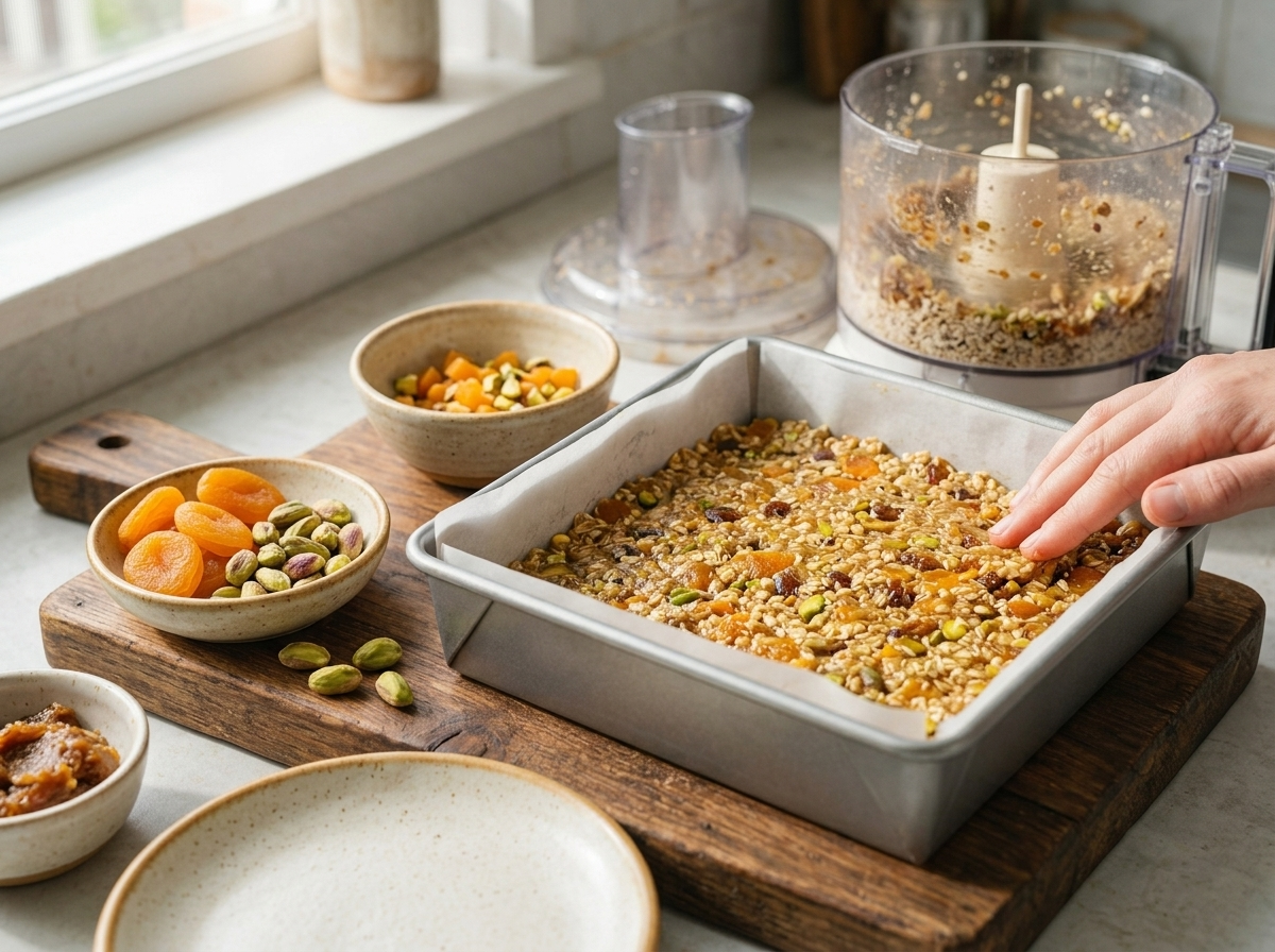 Hands pressing a sticky apricot date and oat mixture into a parchment-lined square pan before chilling.