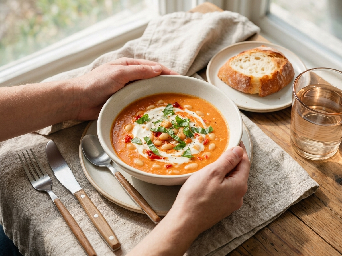 Hands cupping a warm bowl of red pepper white bean soup at a wooden table with bread and a linen napkin nearby