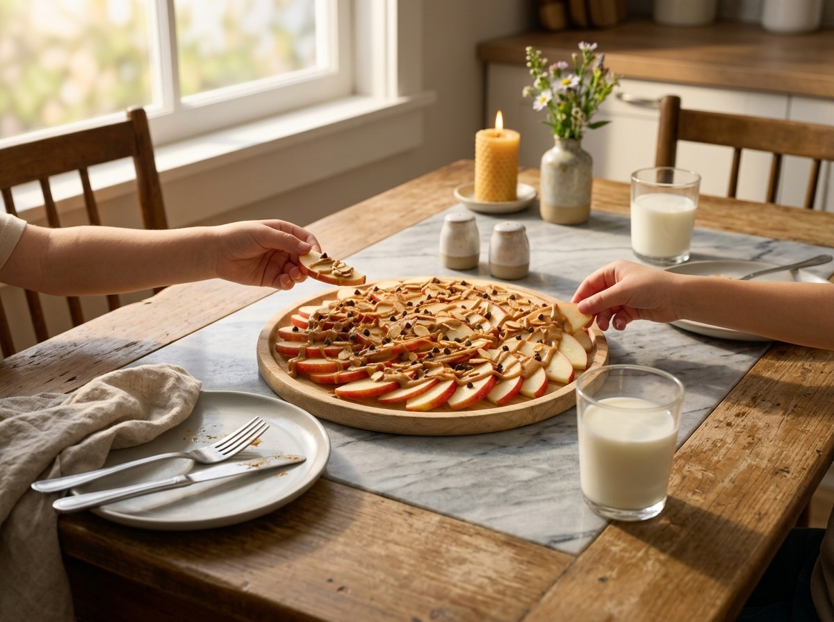 Two kids reaching for apple nacho slices at a wooden table with glasses of milk in warm afternoon light
