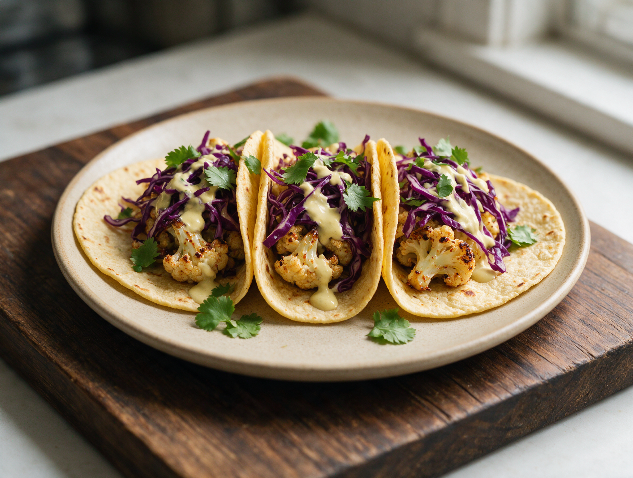 Roasted Cauliflower Tacos with Lime Yogurt Crema