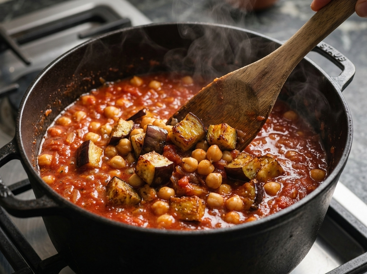 A wooden spoon stirs seared eggplant cubes into simmering tomato and chickpea sauce in a cast iron pot