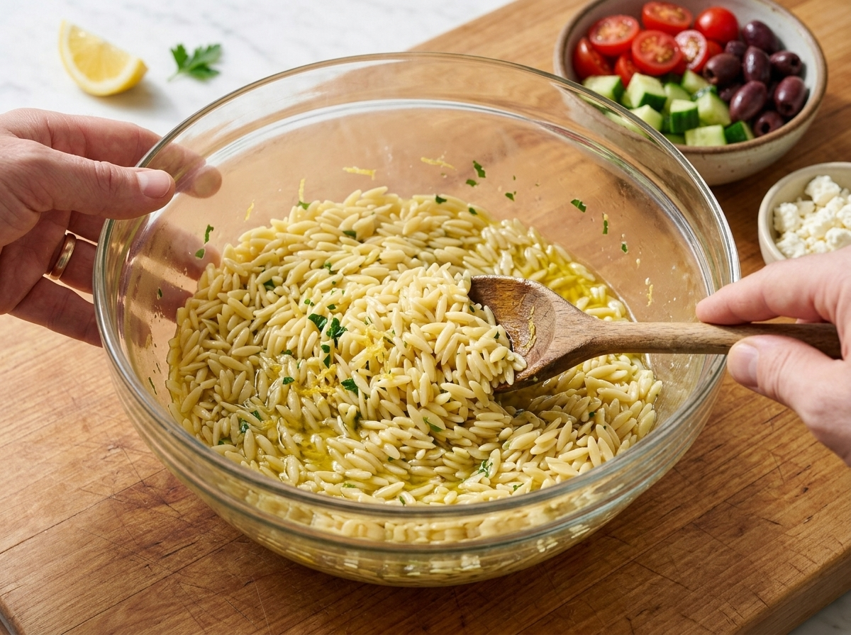 Hands tossing warm orzo with olive oil and lemon dressing in a glass mixing bowl, tomatoes and cucumber waiting nearby.
