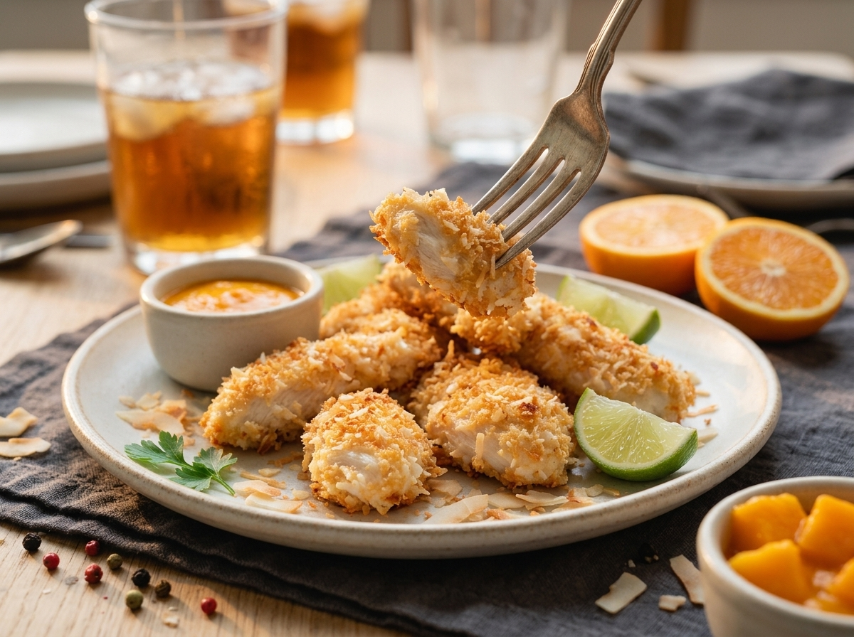 Family dinner table set with a plate of coconut chicken tenders, chili dipping sauce, and a linen napkin in warm evening light