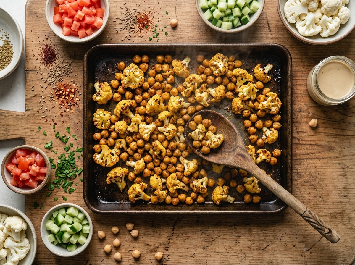 Sheet pan of golden roasted cauliflower and chickpeas in shawarma spices being stirred with a wooden spoon, steam rising.