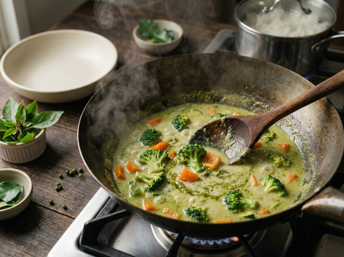 Wok of simmering coconut curry sauce with broccoli, bell pepper, and snap peas being stirred with a wooden spoon