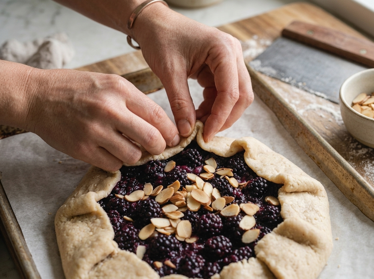 Hands pleating raw galette dough around a mound of glossy blackberries on a parchment-lined sheet pan before baking.