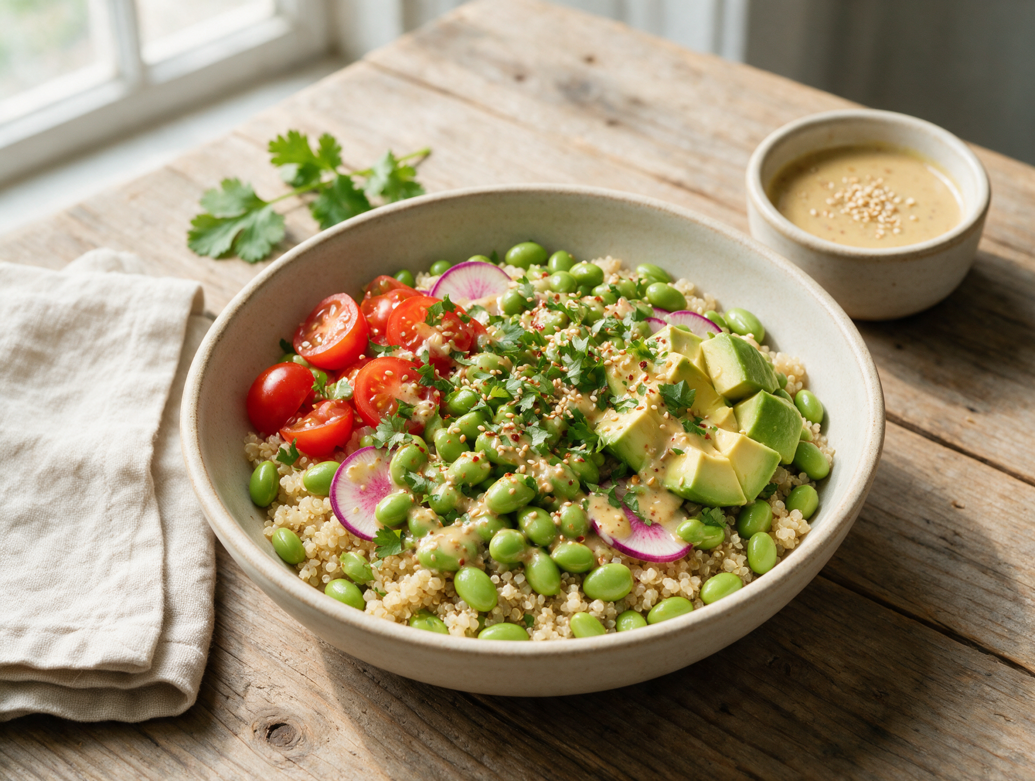 Overhead shot of a quinoa and edamame bowl with diced avocado, cherry tomatoes, and sesame seeds on a wooden table