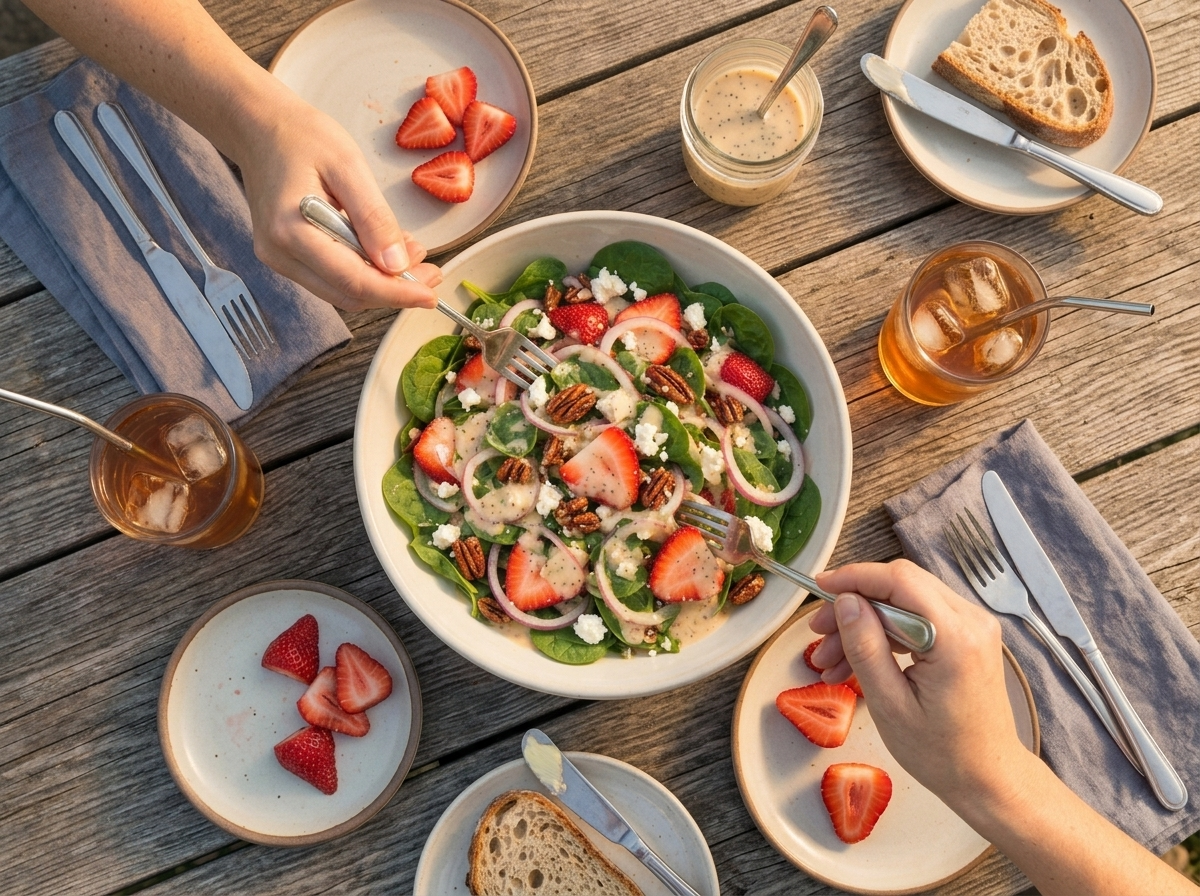 Two people at a wooden table reaching forks into a shared strawberry spinach salad bowl with iced tea glasses nearby