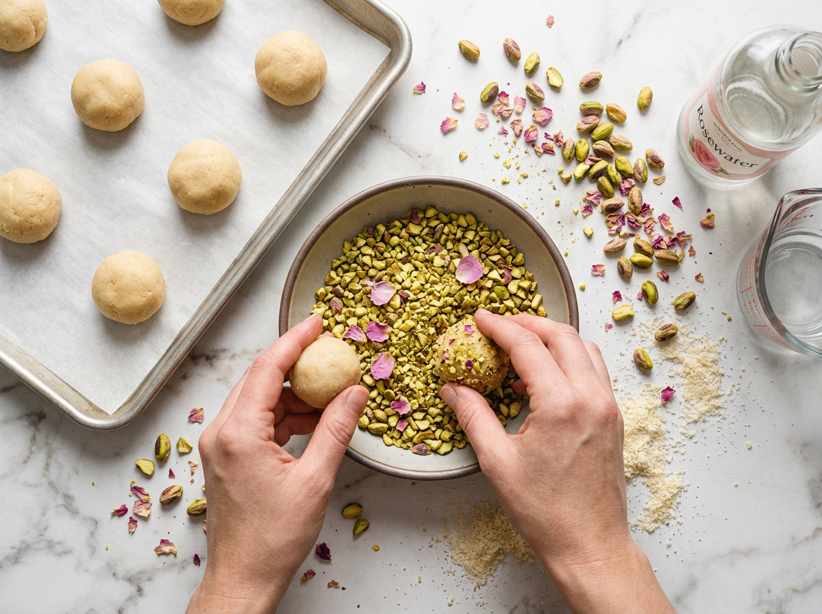 Hands rolling almond flour cookie dough into a ball then pressing it into chopped pistachios before placing it on a lined sheet pan