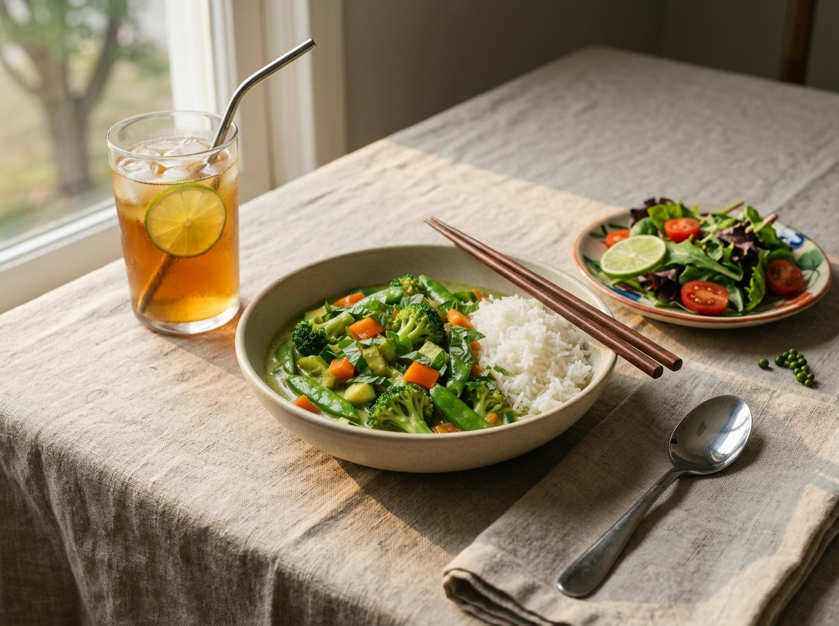 Hands holding chopsticks over a bowl of green curry vegetables and rice, with a linen napkin and lime wedge on the table