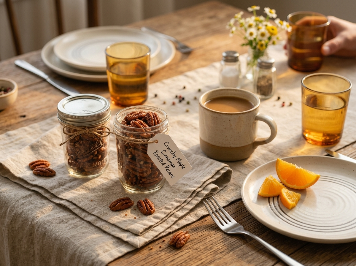 Small mason jars of roasted pecans tied with twine on a linen napkin, set up for gifting.