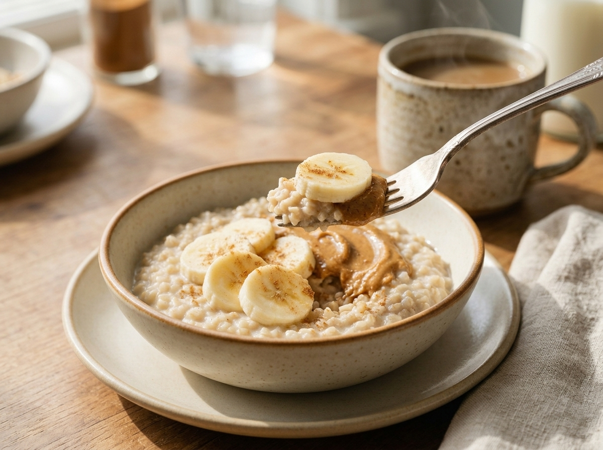 Hands holding a warm oatmeal bowl at a breakfast table with a coffee mug, linen napkin, and morning window light