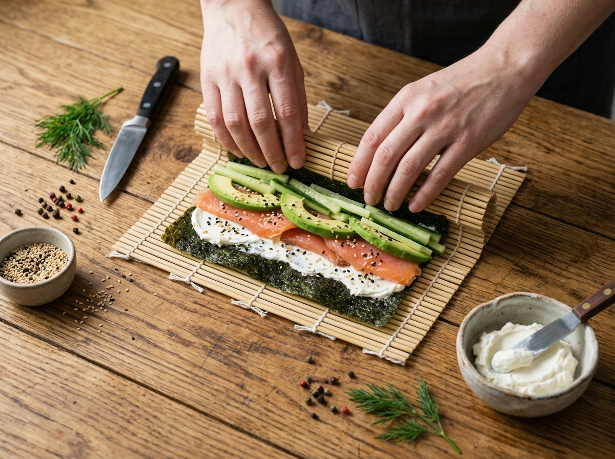 Hands rolling a nori sheet filled with smoked salmon, avocado slices, and cucumber matchsticks over a bamboo mat