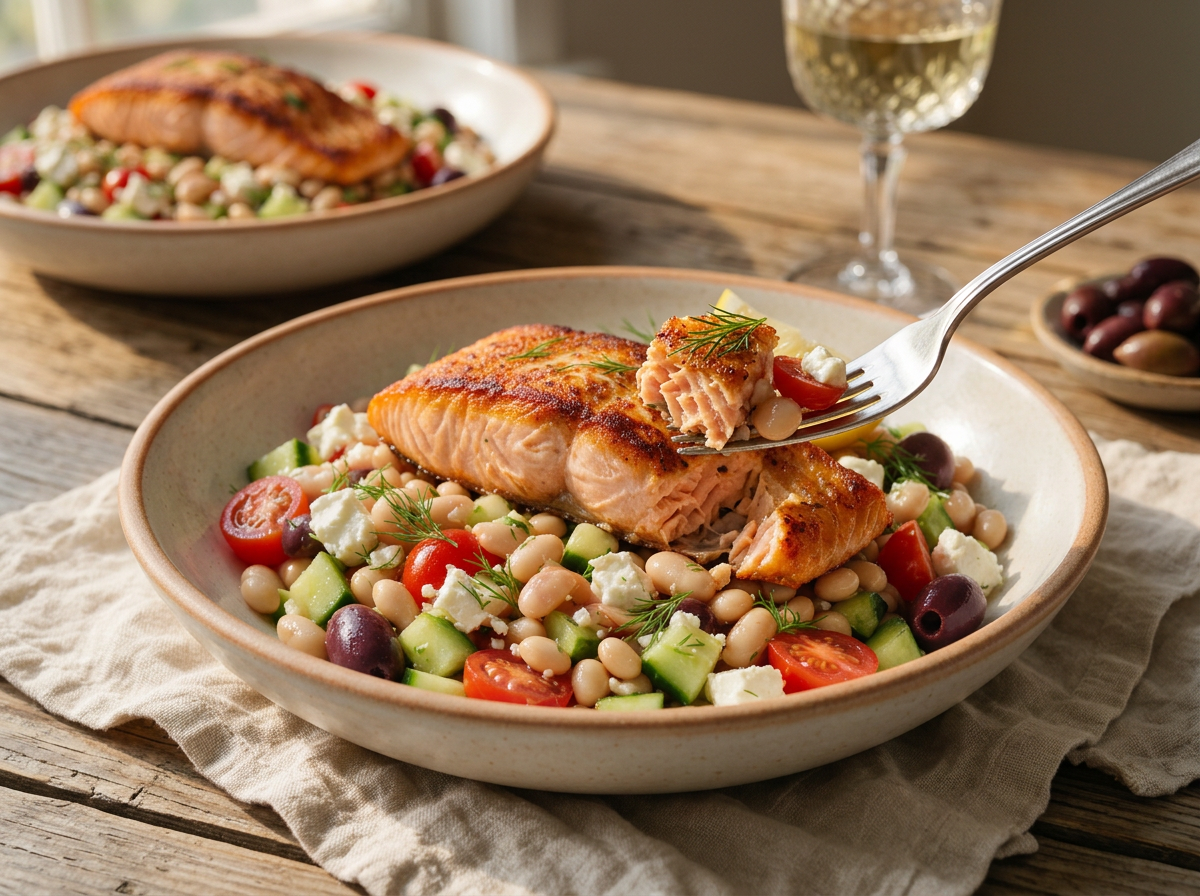 Two salmon and white bean bowls on a wooden table with linen napkins and a glass of chilled white wine