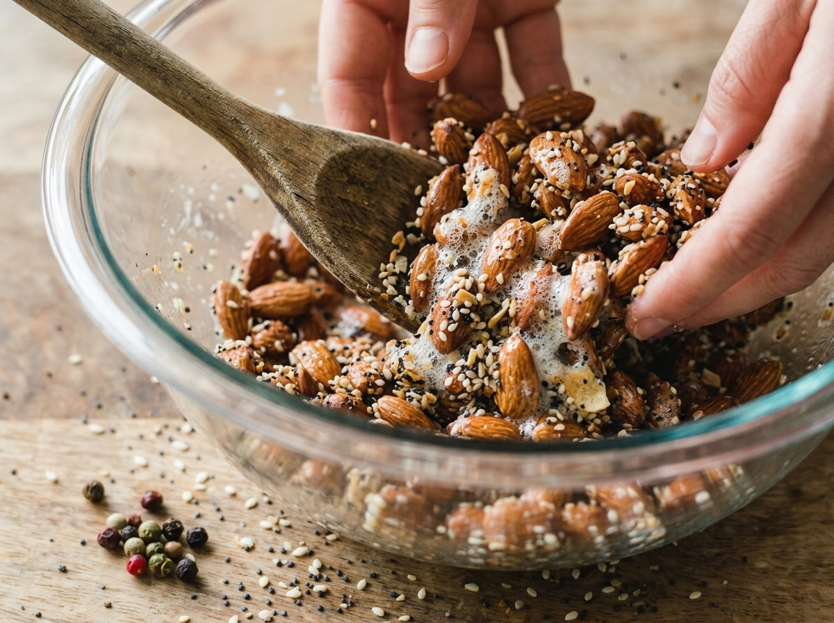 Hands tossing raw almonds with egg white and everything bagel seasoning in a glass bowl, seeds clinging to each nut