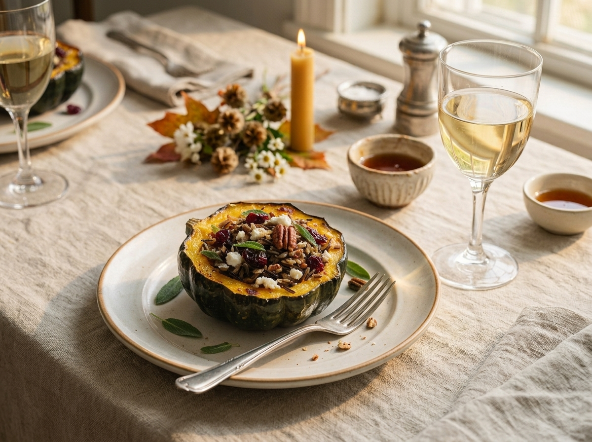 A stuffed squash plated on a linen napkin beside a fork, warm autumn light falling across the table.