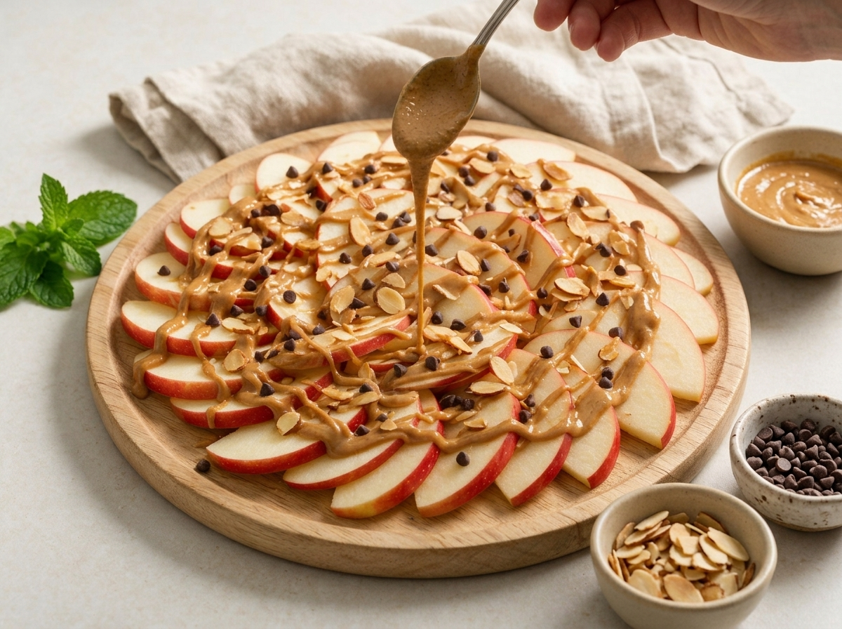 Hand drizzling warm almond butter over layered apple slices on a marble platter with toasted almonds nearby