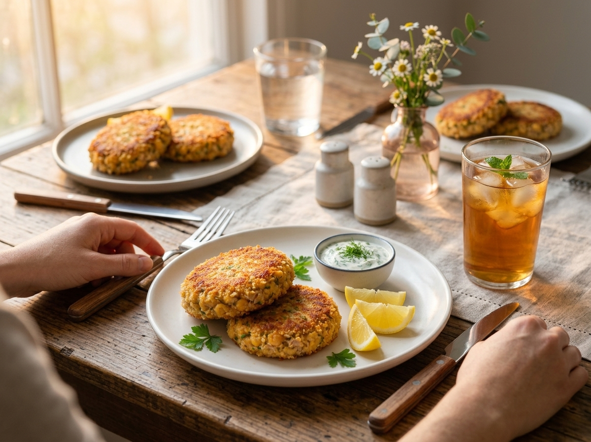 A weekday lunch table with tuna patties, yogurt dill sauce, and a linen napkin in soft afternoon light.