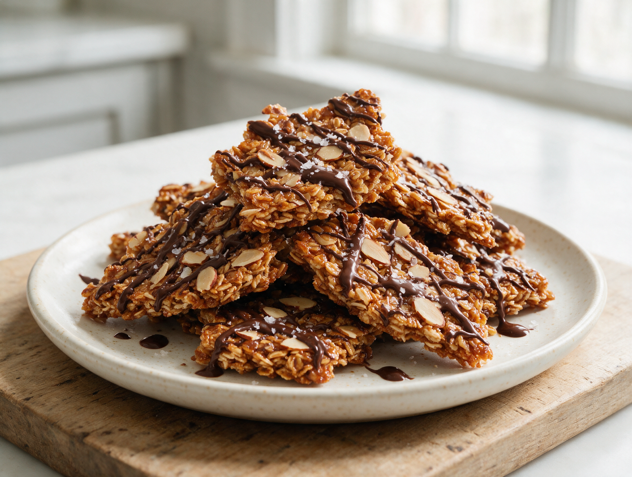 Broken maple almond granola bark shards on a wooden board with chocolate drizzle and flaky salt visible