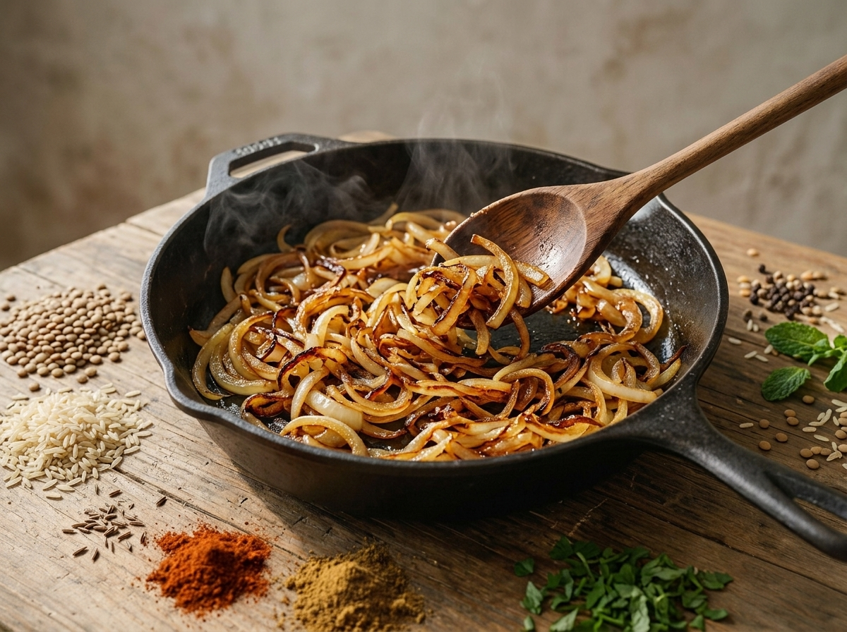 Close-up of thinly sliced onions turning deep amber in a cast-iron skillet, wooden spoon stirring, steam rising above the pan.