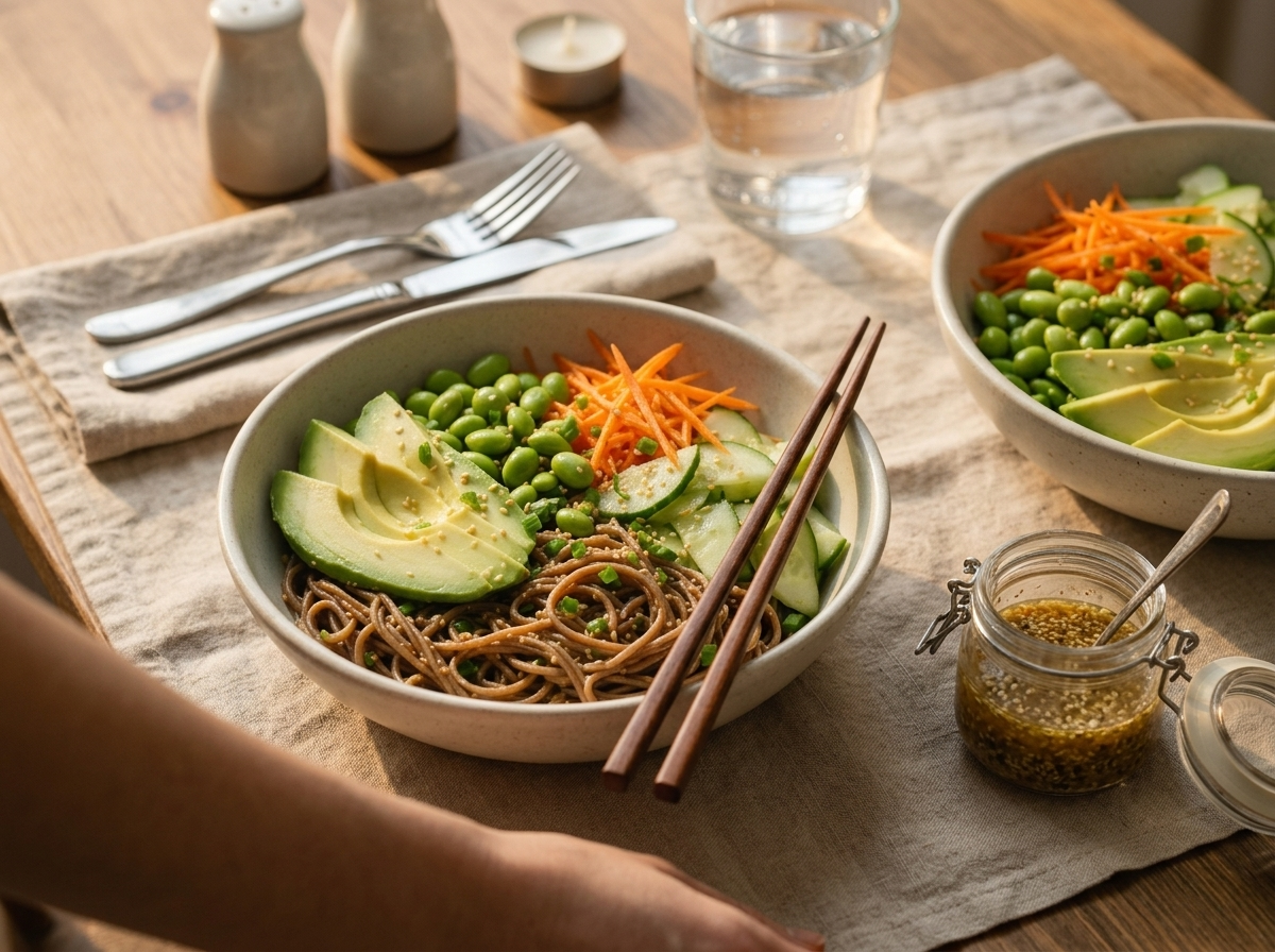 Two soba salad bowls on a linen napkin with chopsticks, a small jar of sesame dressing, morning light through a window.