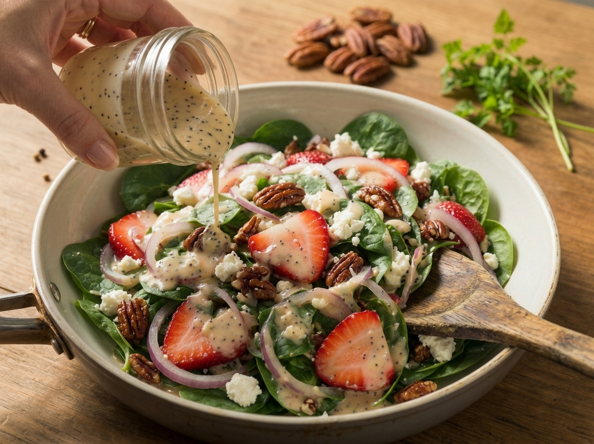 Hands shaking a glass jar of creamy poppy seed dressing with visible poppy seeds, spinach leaves waiting nearby on a marble counter
