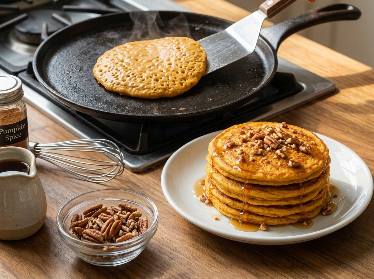 Pumpkin spice pancake batter bubbling on a dark griddle while a spatula checks the edges for doneness.
