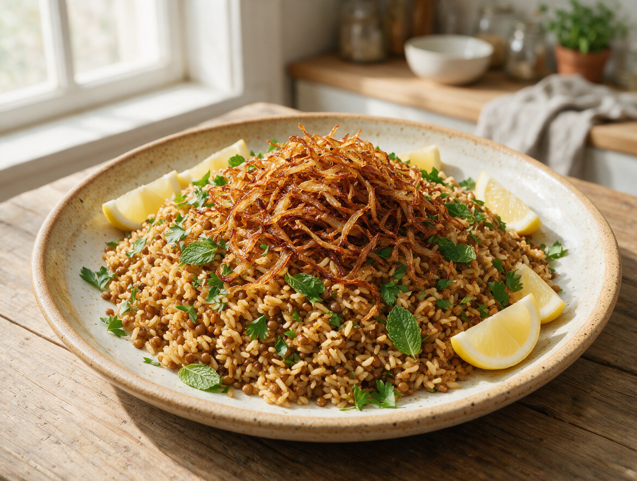 Overhead view of mujadara in a shallow bowl, dark crispy onions piled high, parsley flecks, lemon wedge on a rustic wood table.