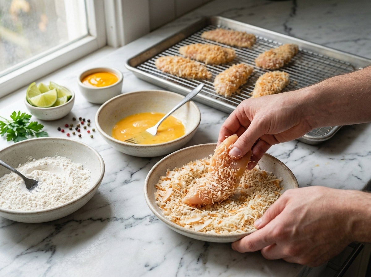 Hands pressing shredded coconut and gluten-free panko onto a raw chicken tender over a bowl on a marble counter