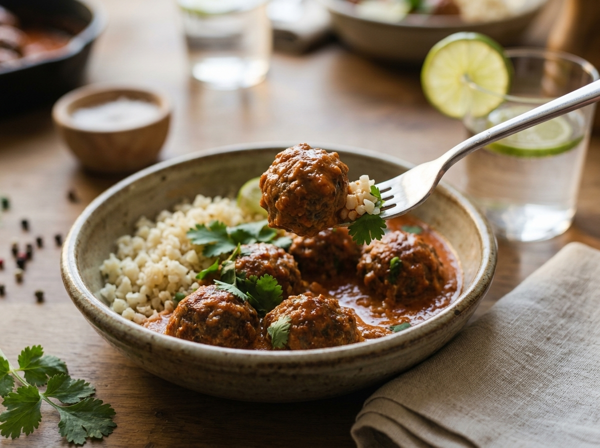 A bowl of coconut curry meatballs over cauliflower rice on a linen napkin, lime wedge resting nearby on a wooden table.