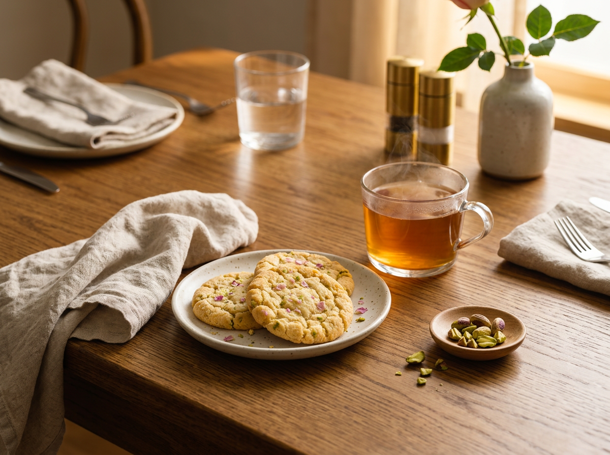 A small plate of pistachio rosewater cookies beside a steaming cup of tea on a linen napkin in warm afternoon light