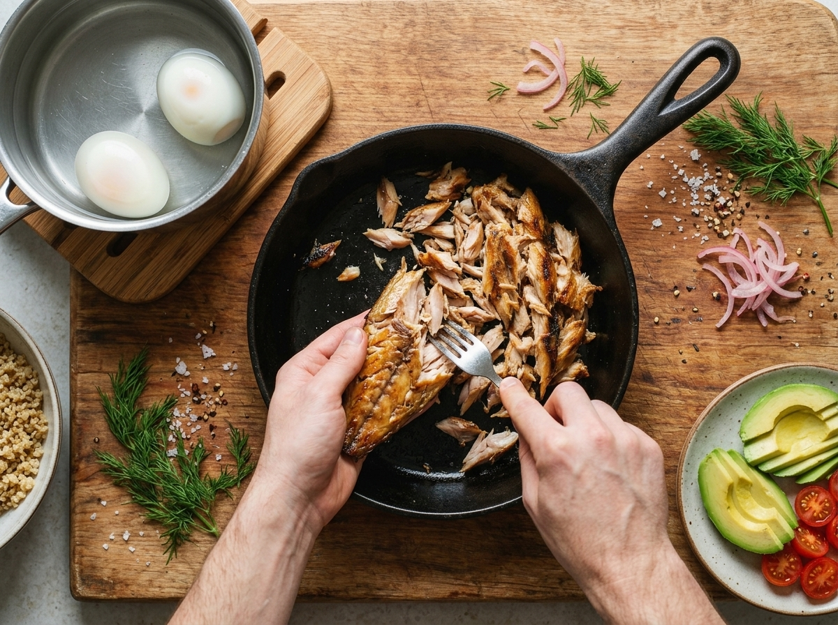 Hands flaking a hot-smoked mackerel fillet on a cutting board next to a bowl of eggs cooling in ice water.