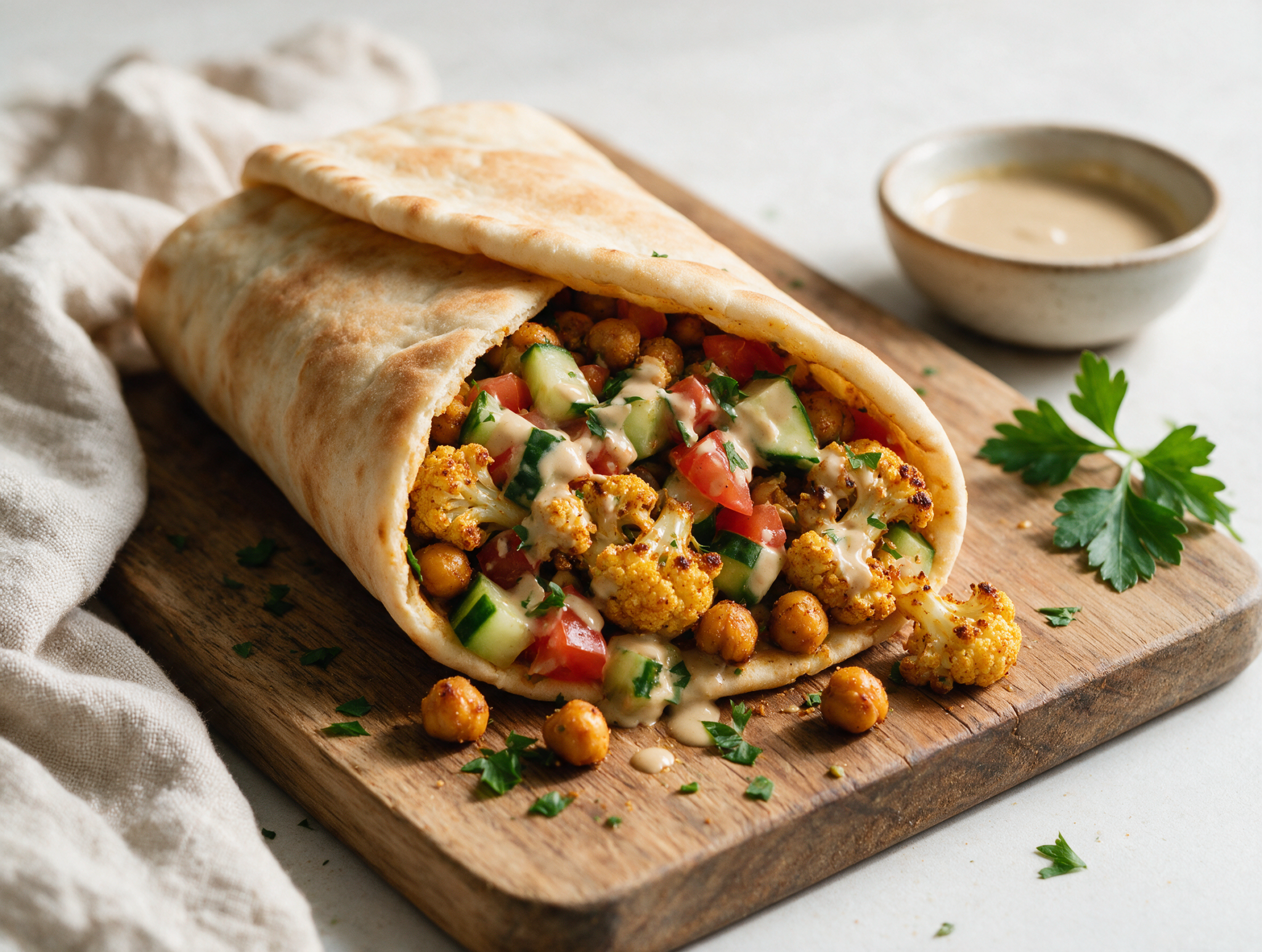Halved cauliflower and chickpea shawarma wrap on a wooden board with tahini sauce dripping over roasted florets and cucumber.