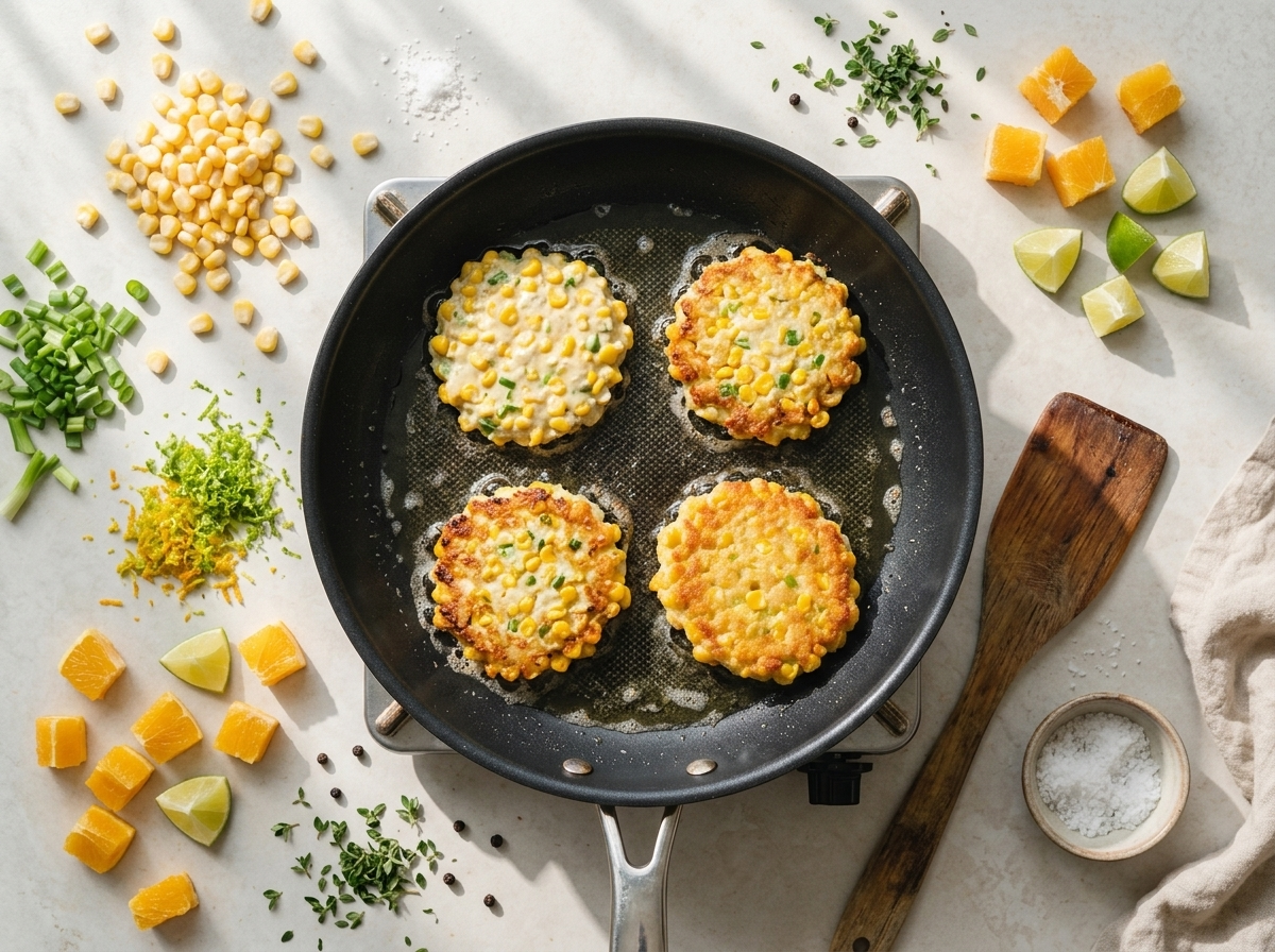 Corn fritter batter with visible kernels and green onion frying in a nonstick skillet, edges turning golden