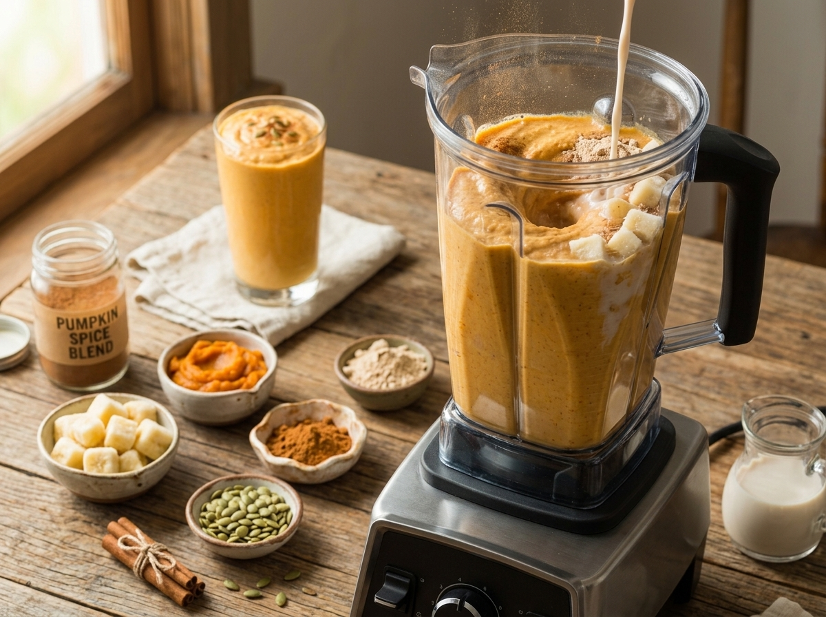 Blender jar mid-blend with pumpkin puree, banana chunks, and protein powder swirling into a thick orange mixture.