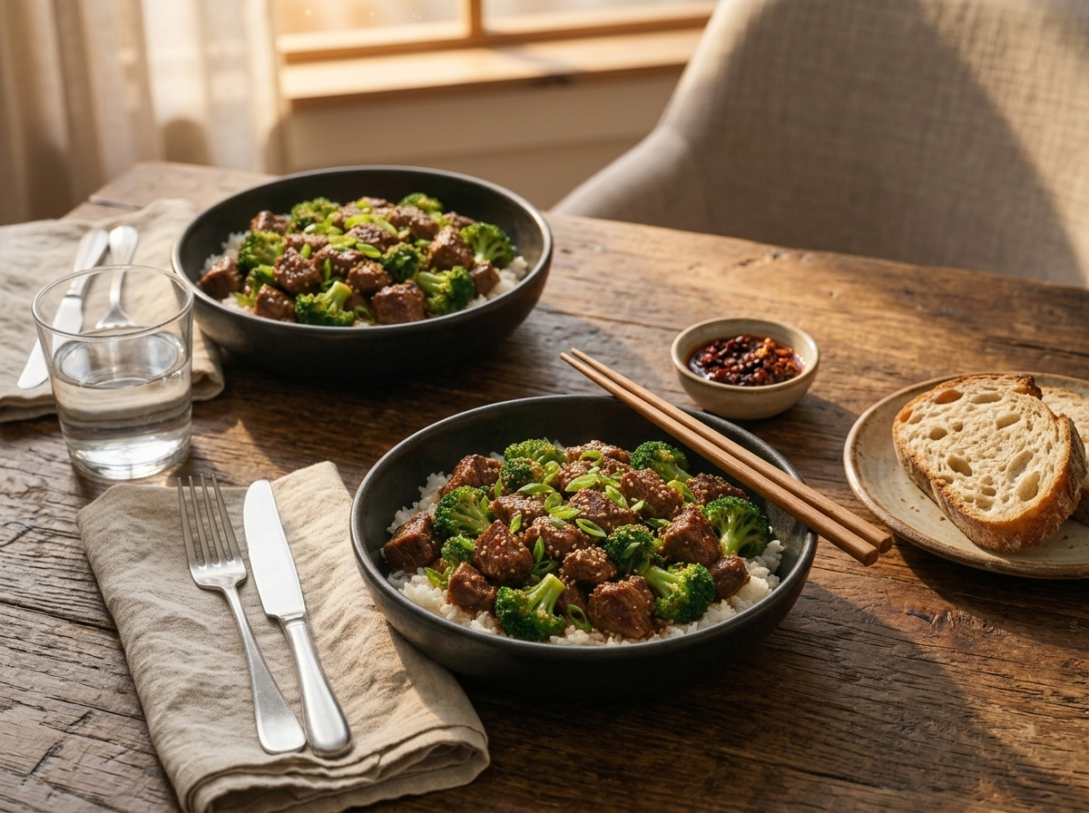 Two rustic bowls of beef and broccoli on a wooden table with chopsticks resting on the rim and a linen napkin nearby.