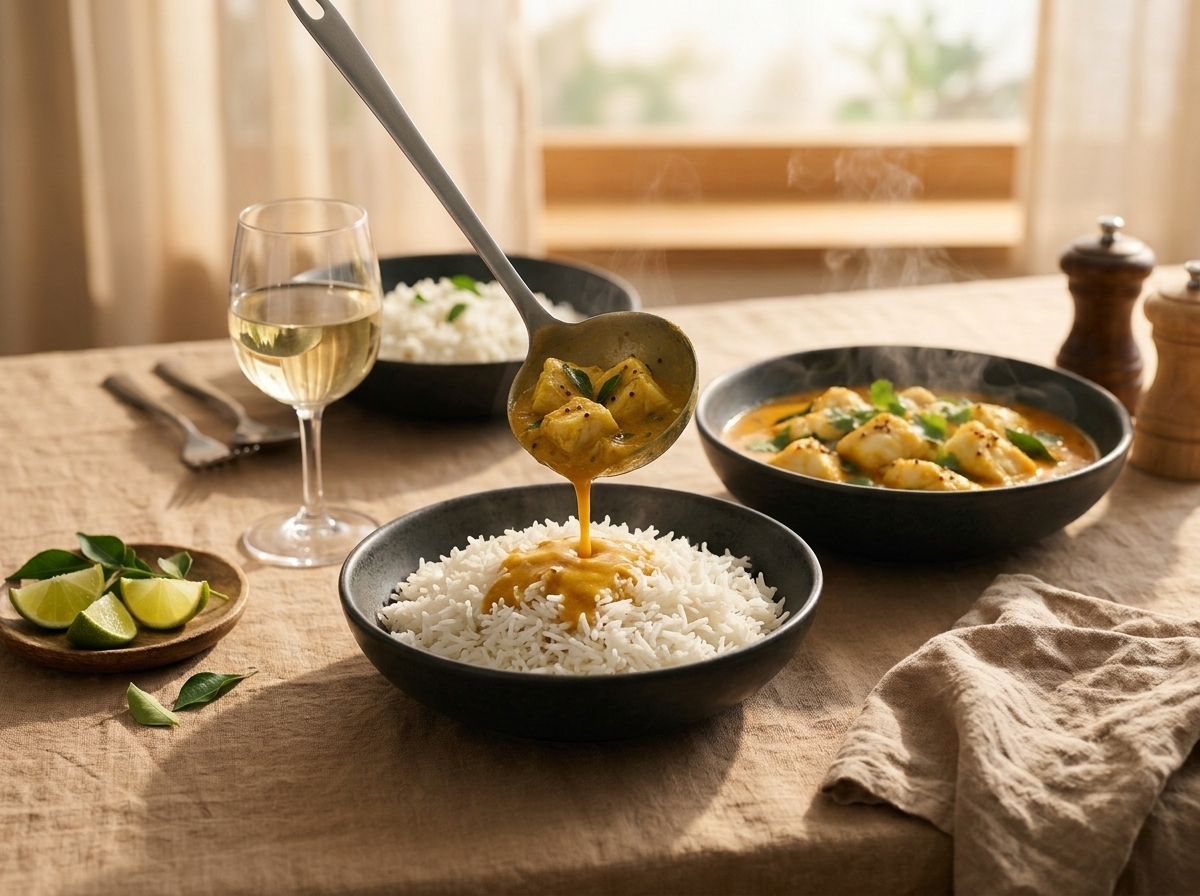 Hands ladling turmeric coconut fish curry over rice at a linen table set with lime wedges and a glass of wine in warm light