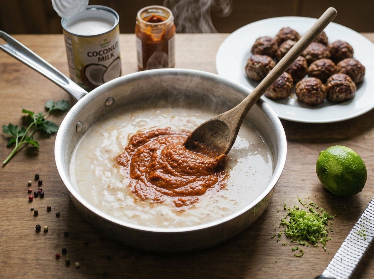 A wooden spoon stirring red curry paste into simmering coconut milk in a stainless skillet, seared meatballs waiting on a plate beside it.